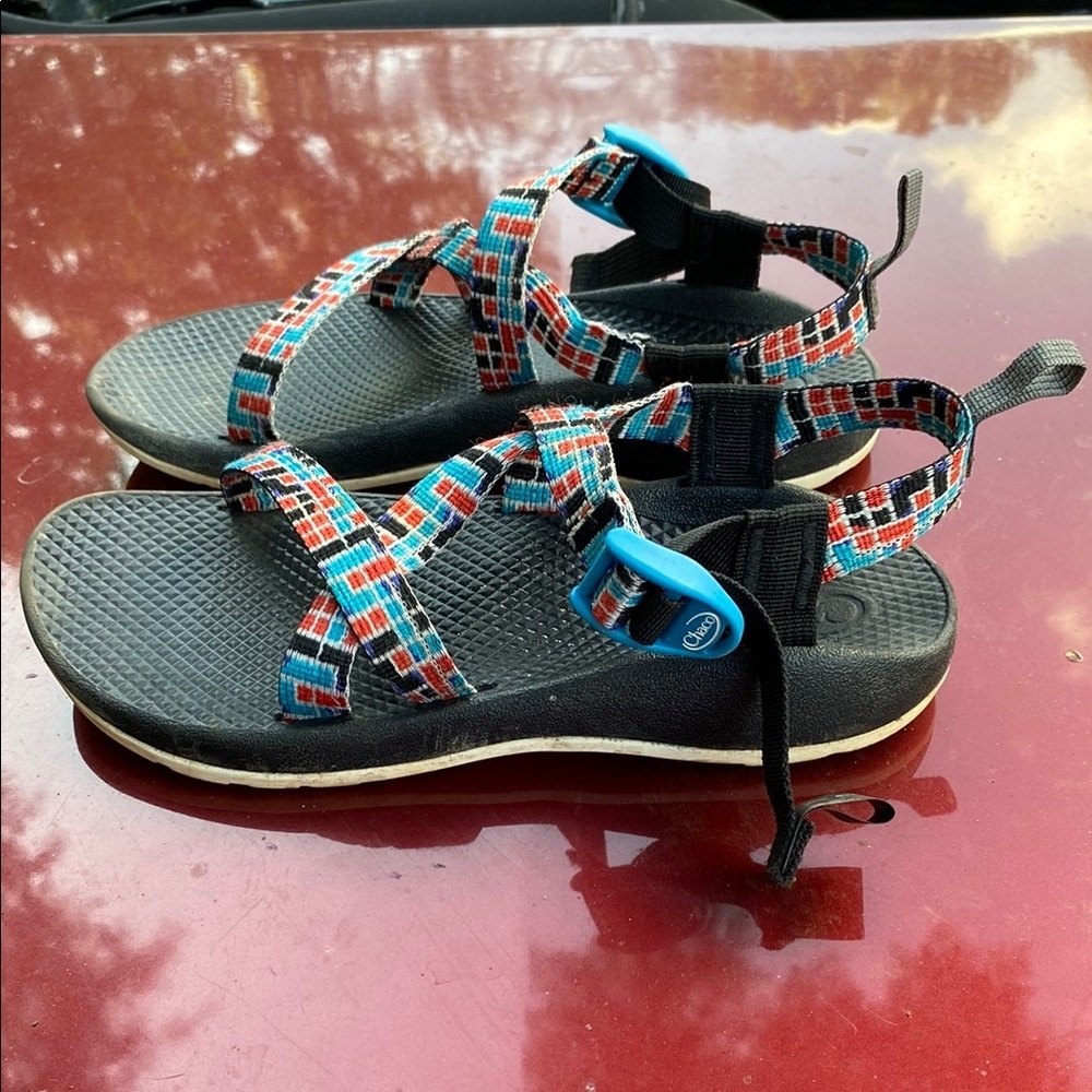 Chaco Kids Sandals - Black and Blue with Red Pattern
